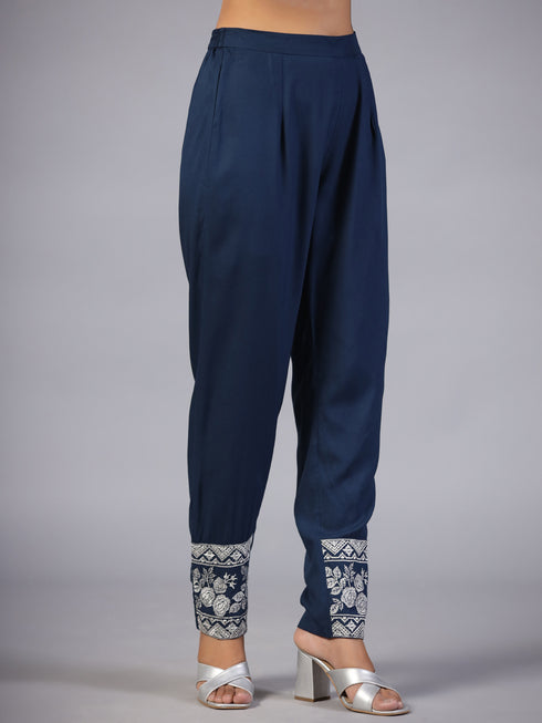 Amchoor Navy Blue Solid Printed Border Work Kurti with Pant