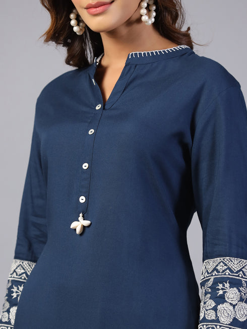 Amchoor Navy Blue Solid Printed Border Work Kurti with Pant