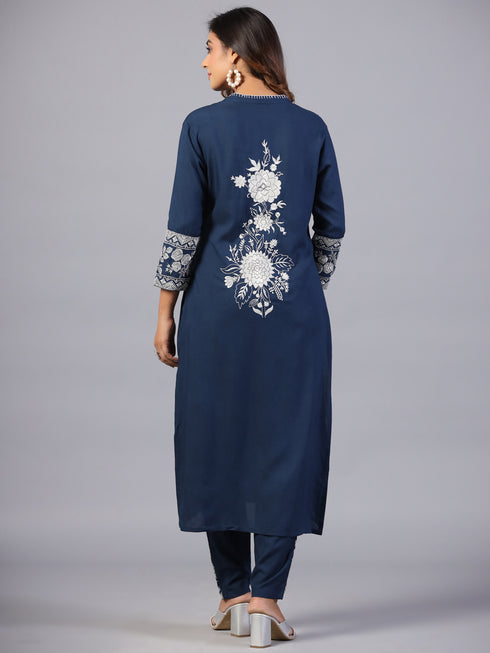Amchoor Navy Blue Solid Printed Border Work Kurti with Pant