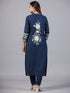 Amchoor Navy Blue Solid Printed Border Work Kurti with Pant