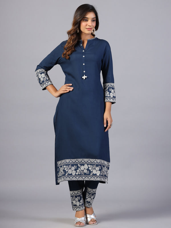 Amchoor Navy Blue Solid Printed Border Work Kurti with Pant
