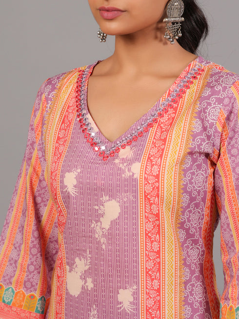 Purple Bandhani Print Kurta Set