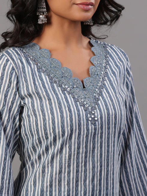 Grey Striped Print Kurti Set