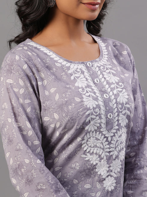 Grey Floral Printed Kurti Set