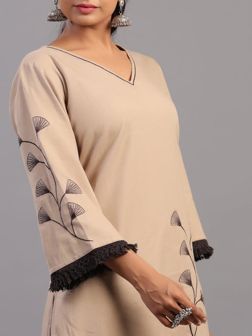 Beige Cotton Linen Floral Embroidered Kurti Set