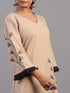 Beige Cotton Linen Floral Embroidered Kurti Set