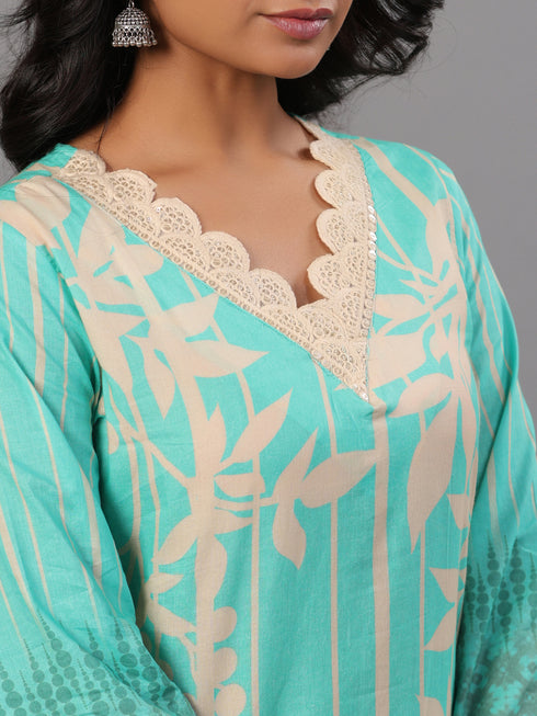 Sea Green Printed Kurti Set With Lace Detailed