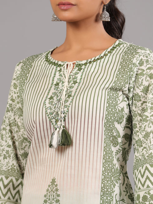 Green Cotton Printed Kurti Set