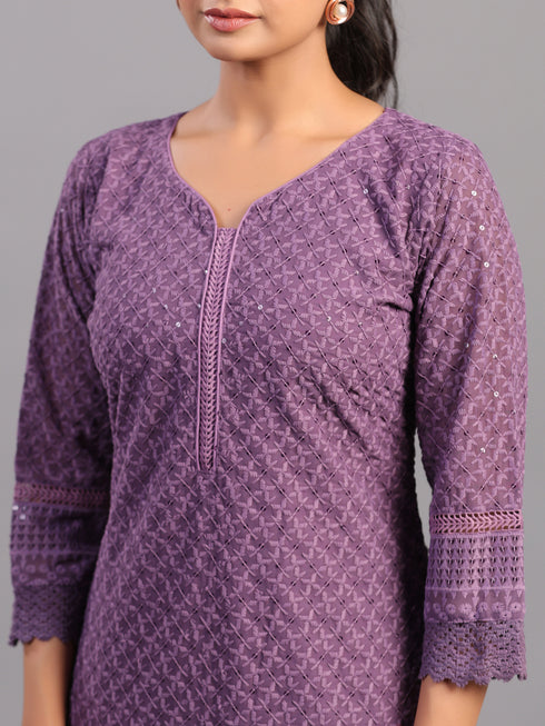 Purple Goergette Embroidered Kurti Set