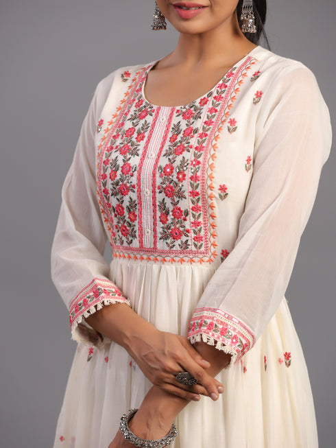 Cream Cotton Mirror Work Embroidered Anarkali Kurti Set