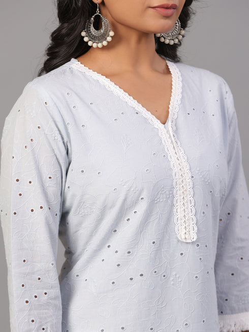 Blue Cotton Cutwork Embroidered Kurti Set