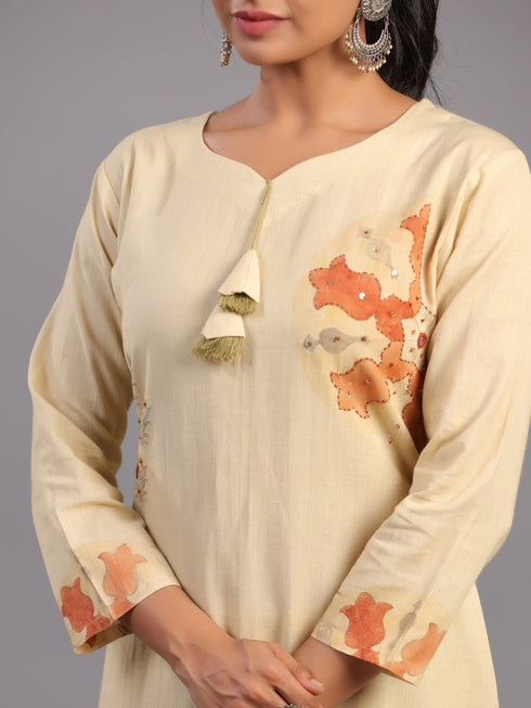 Beige Cotton Linen Abstract Print Hand Embroidery Kurti Set