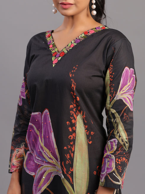 Black Cotton Abstract Print Kurti Set