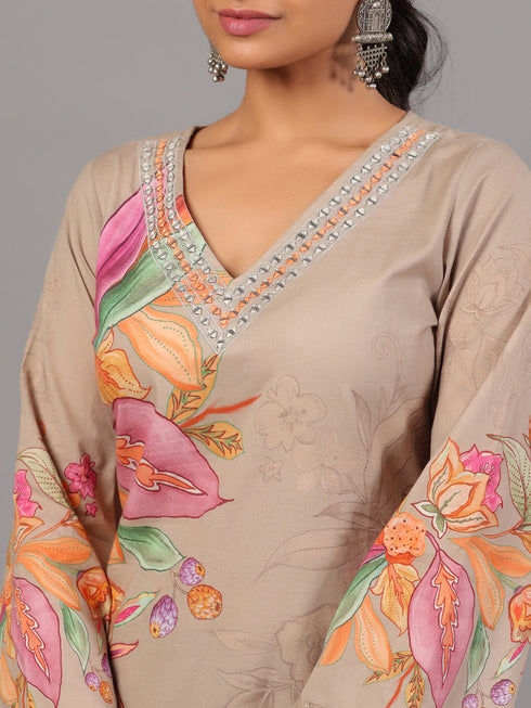 Grey Botanical Print Kurti Set