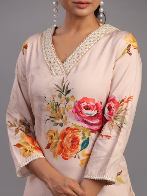 Beige Viscose Rayon Floral Print Kurti Set