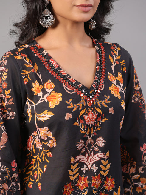Black Block Print Mirror Work Kurti Set
