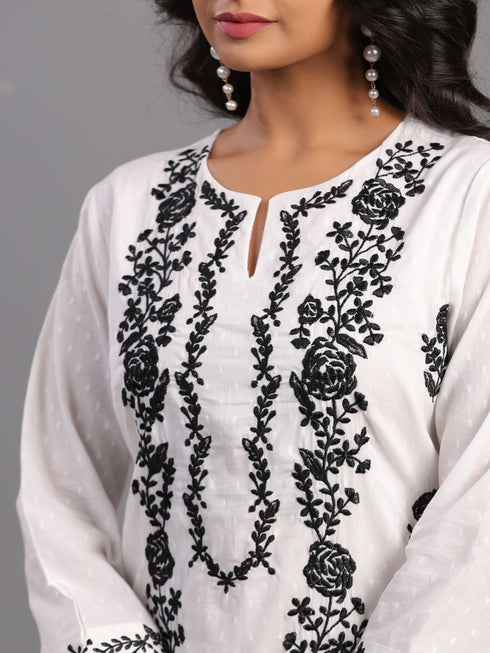 White Embroidered Kurti Set