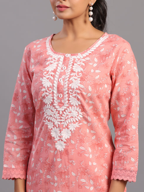 Peach Floral Printed Kurti Set