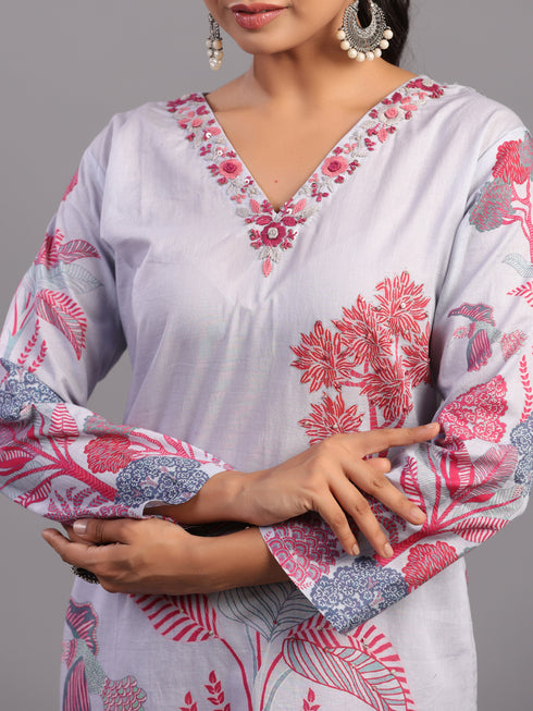 Purple Cotton Blend Botanical Kurti Set