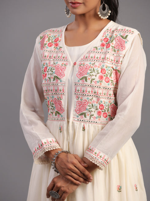 Cream Cotton Embroidered Ethnic Jacket Kurti Set