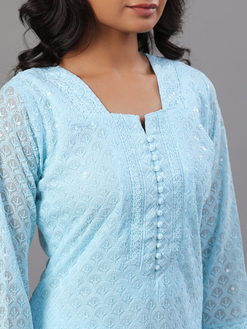 Blue Goergette Embroidered Kurti Set