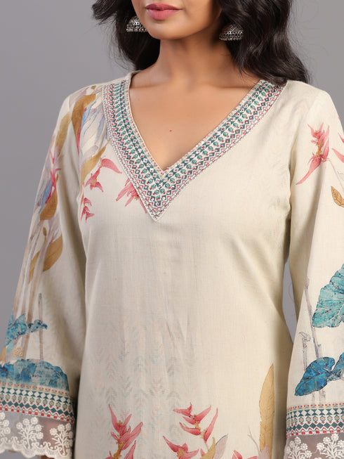 Cream Tropical Print Kurti Set