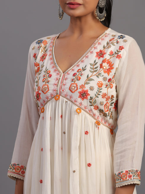 Cream Cotton Overall Embroidered Sequins Kurti Set