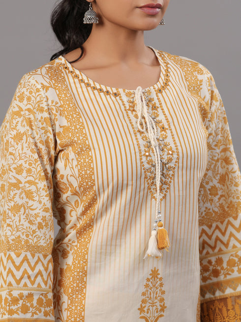 Mustard Cotton Printed Kurti Set