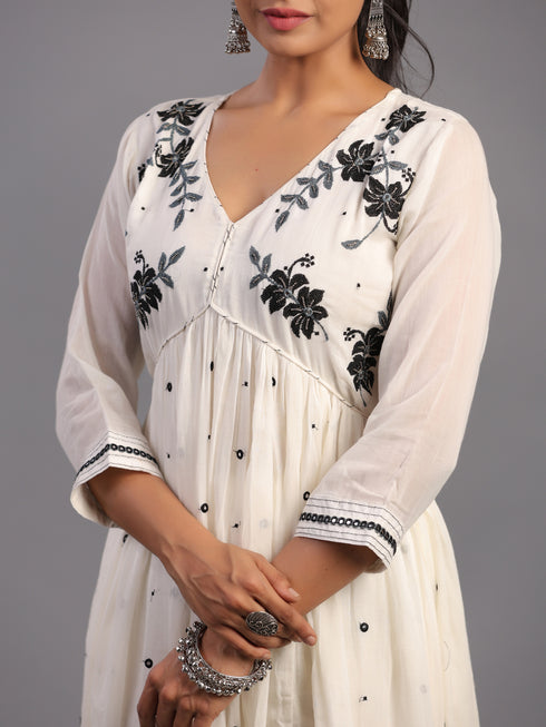 Cream Cotton Mirror Work Embroidered Kurti Set