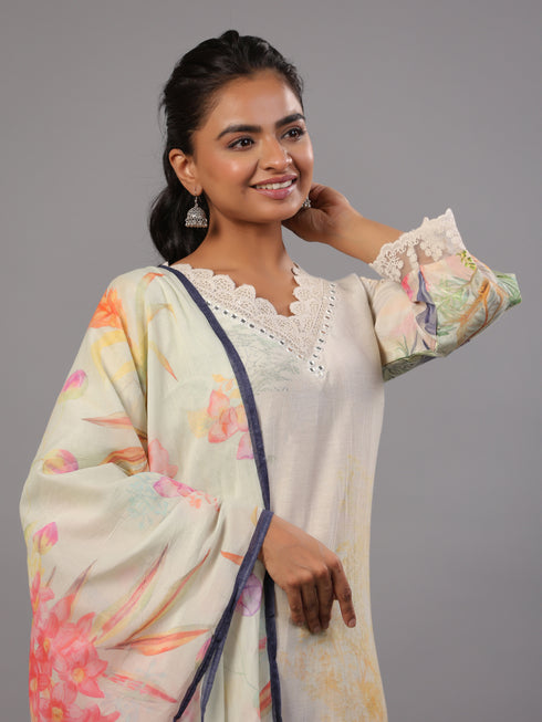 Cream Botanical Print Kurti Set