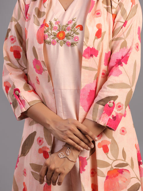 Peach Cotton Linen Floral Print 3pc Co Ord Set