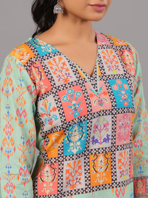 Green Goemetric Print Kurti Set