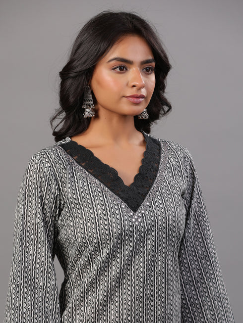Black Stripped Print Kurti Set