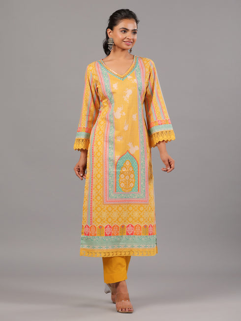 Mustard Bandhani Print Kurta Set