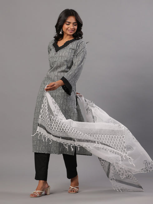 Black Stripped Print Kurti Set