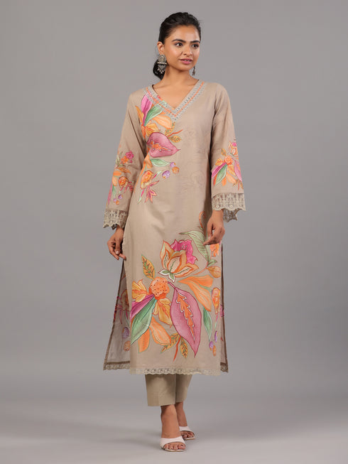 Grey Botanical Print Kurti Set