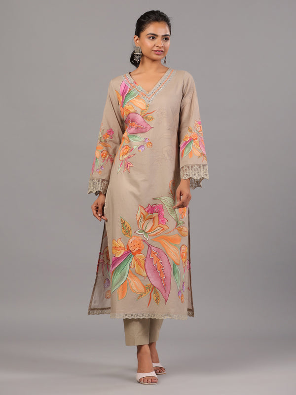 Grey Botanical Print Kurti Set