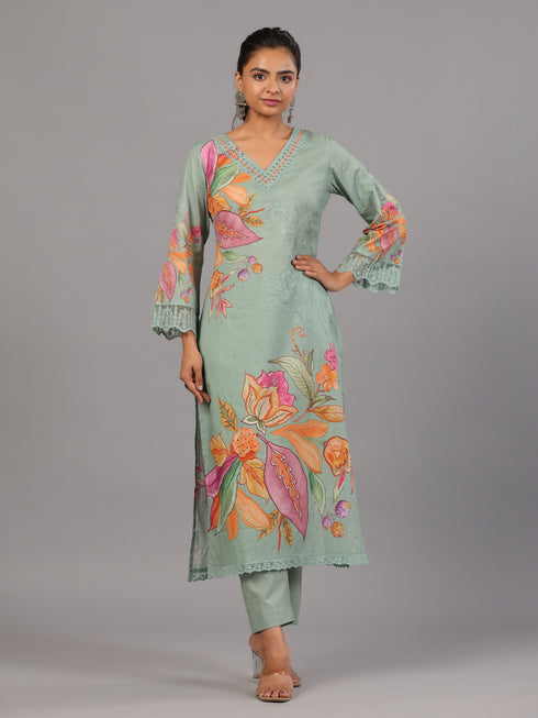 Green Floral Print Kurti Set