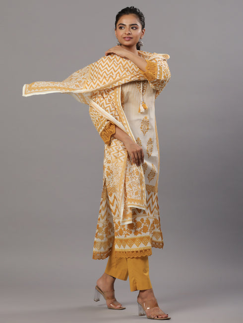 Mustard Cotton Printed Kurti Set