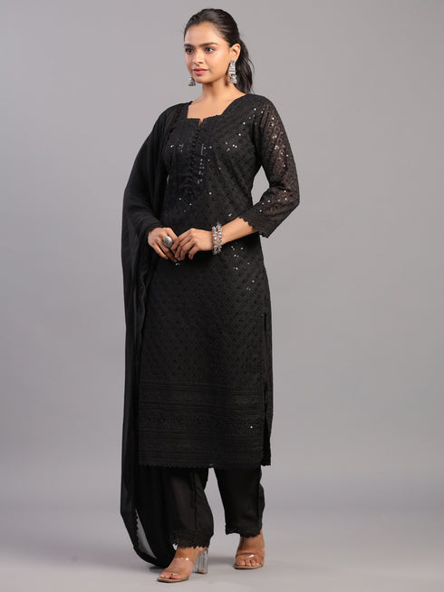 Black Goergette Embroidered Kurti Set