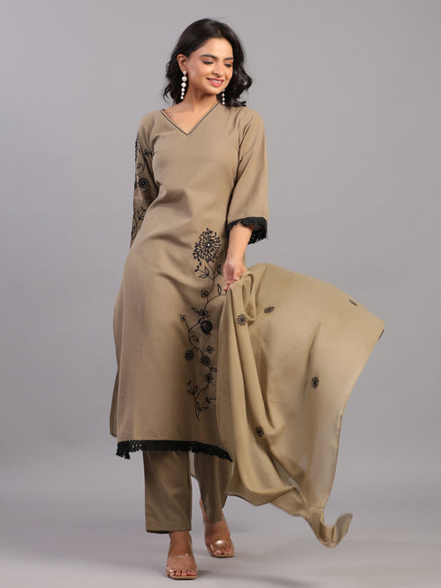 Olive Green Cotton Linen Floral Embroidered Kurti Set