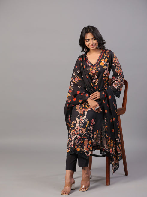 Black Block Print Mirror Work Kurti Set