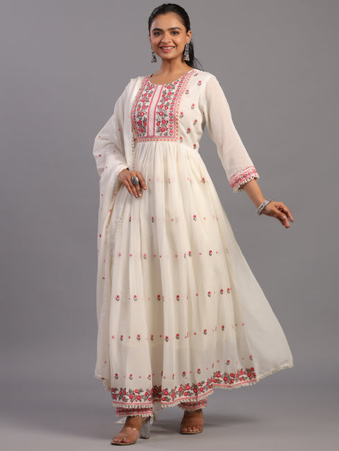 Cream Cotton Mirror Work Embroidered Anarkali Kurti Set