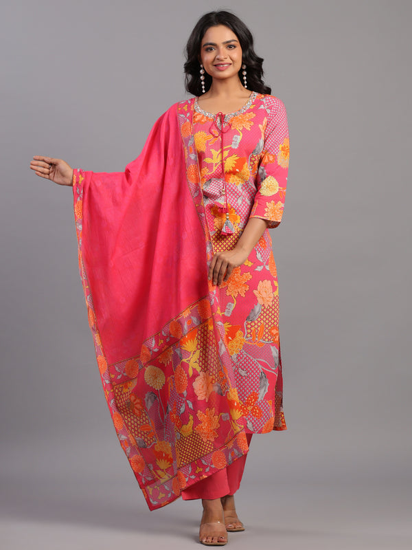 Pink Block Print Kurti Set