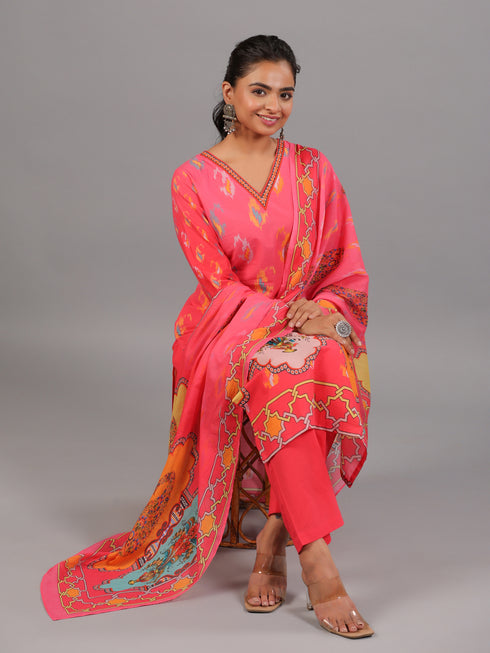 Pink Digital Print Kurti Set With Neck Embroidered