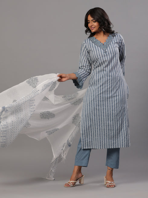 Grey Striped Print Kurti Set