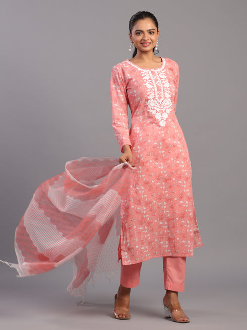 Peach Floral Printed Kurti Set