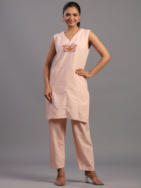 Peach Cotton Linen Floral Print 3pc Co Ord Set
