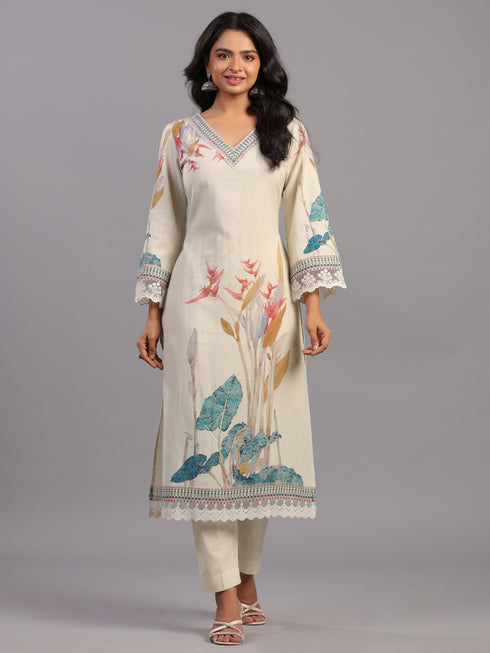 Cream Tropical Print Kurti Set