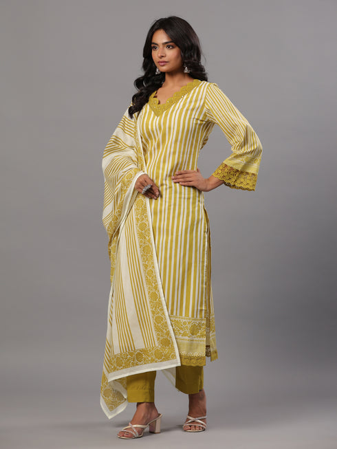Green Vertical Stripped Print Kurti Set